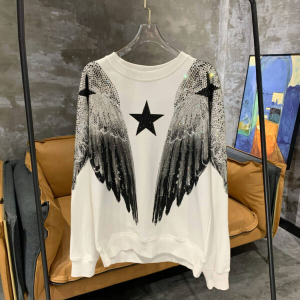 Autumn and winter luxury fashion hoodie for men and women, heavy-duty hot stamping, full diamond, large wings, wings, round neck pullover, couple style - Image 3