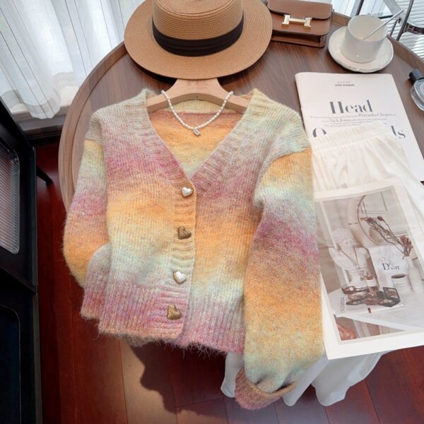 Tie dye gradient sweater jacket for women V-neck mohair knit cardigan for women - Image 5