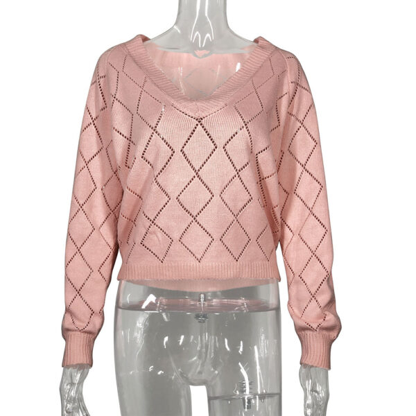Women's Autumn/Winter Knitted Sweater V-neck Sexy Hollow Long Sleeve Loose Fashion Knitted Sweater Top for Women - Image 3