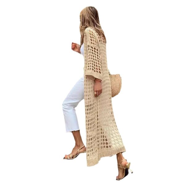 Apricot colored hollowed out elongated beach fairy versatile cardigan knitted sweater - Image 5