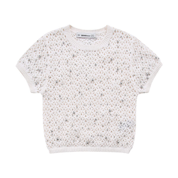 European and American style beaded round neck pullover short sleeved slim knit sweater