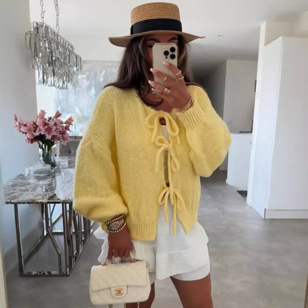 Round neck tie knitted cardigan jacket autumn and winter new style solid color commuting simple sweater for women - Image 2
