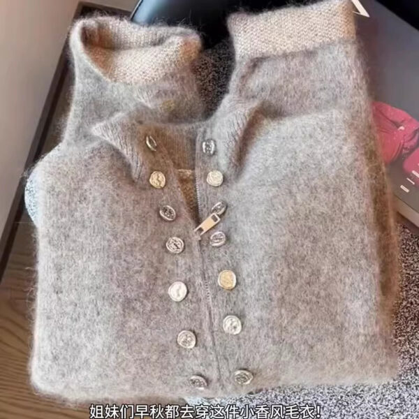 Double breasted stand up collar zipper sweater cardigan autumn retro loose temperament knitted outer shirt - Image 2