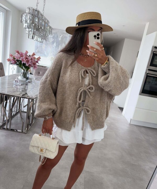 Round neck tie knitted cardigan jacket autumn and winter new style solid color commuting simple sweater for women - Image 14