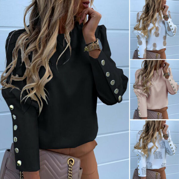 2020 Work Wear Women Blouses Long Sleeve Back Metal Buttons Shirt Casual O Neck Printed Plus Size Tops Fall Blouse Drop Shipping - Image 2