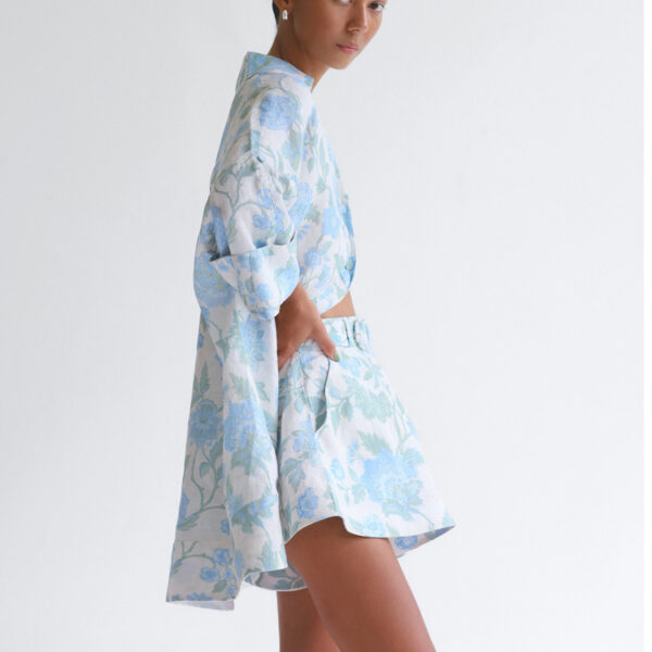 Printed Set Summer Women's Casual Loose Long Shirt High Waist Shorts with Belt Two Piece Set - Image 2
