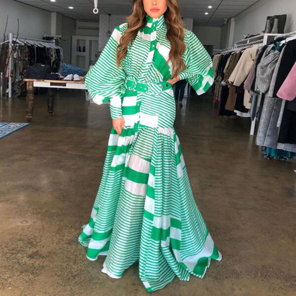 Stand Collar Lantern Long Sleeve Large Swing Floor Long Skirt Holiday Style Contrast Stripe Print Dress - Image 2