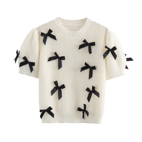 New bow decoration round neck pullover short sleeved sweater knitted sweater