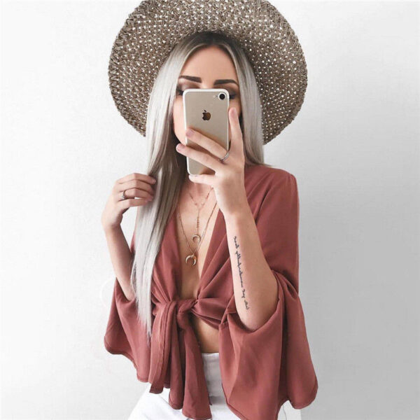 Women Boho Beach wear Summer Holiday Casual Sexy Top Vest Blouse long Sleeve Femme Lady Hipster tumblr Midriff sunscreen Blouse - Image 2