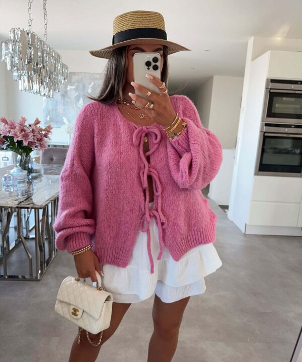 Round neck tie knitted cardigan jacket autumn and winter new style solid color commuting simple sweater for women - Image 10