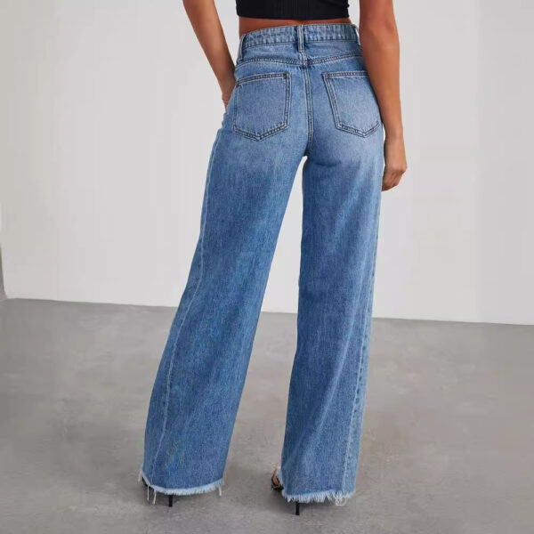 Loose wide leg side seam splicing, brushed hem denim jeans for women - Image 4
