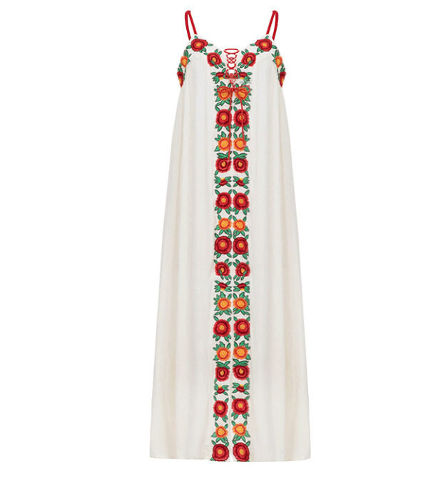 Colorful flower embroidery V-neck backless camisole vacation dress long skirt - Image 4