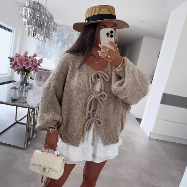 Round neck tie knitted cardigan jacket autumn and winter new style solid color commuting simple sweater for women - Image 3