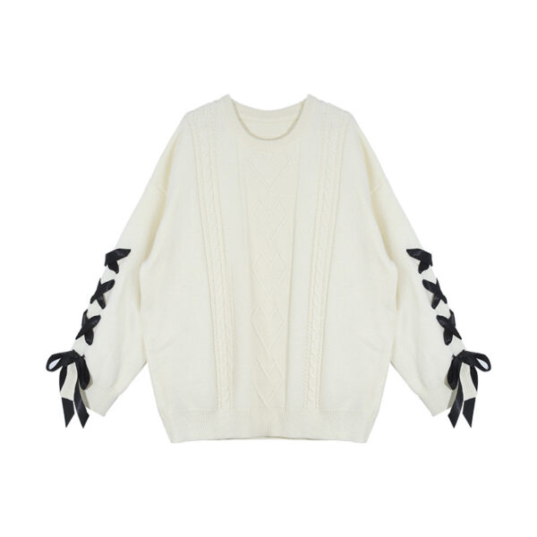 Cream tied sweater women's loose round neck pullover knit sweater