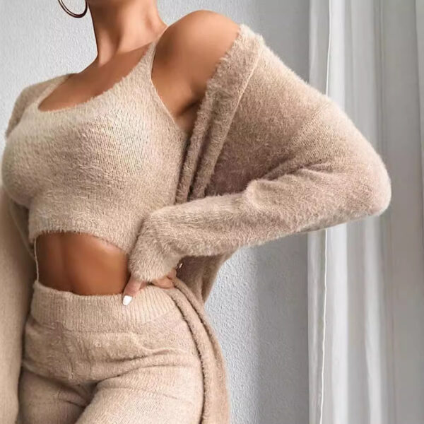 Autumn And Winter Knitted Plush Comfortable Women's Suit Sexy V-neck Short Crop Top Cardigan Sweater Trousers Three-piece Set - Image 4