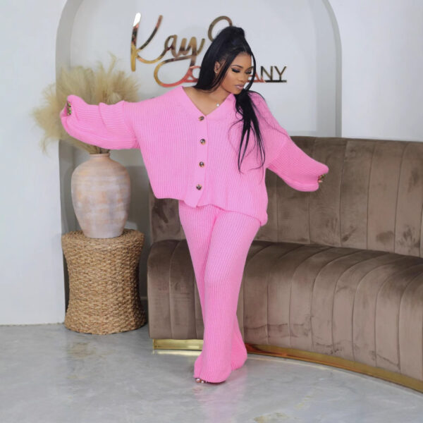 Solid color V-neck breasted cardigan wide leg pants sweater set - Image 4
