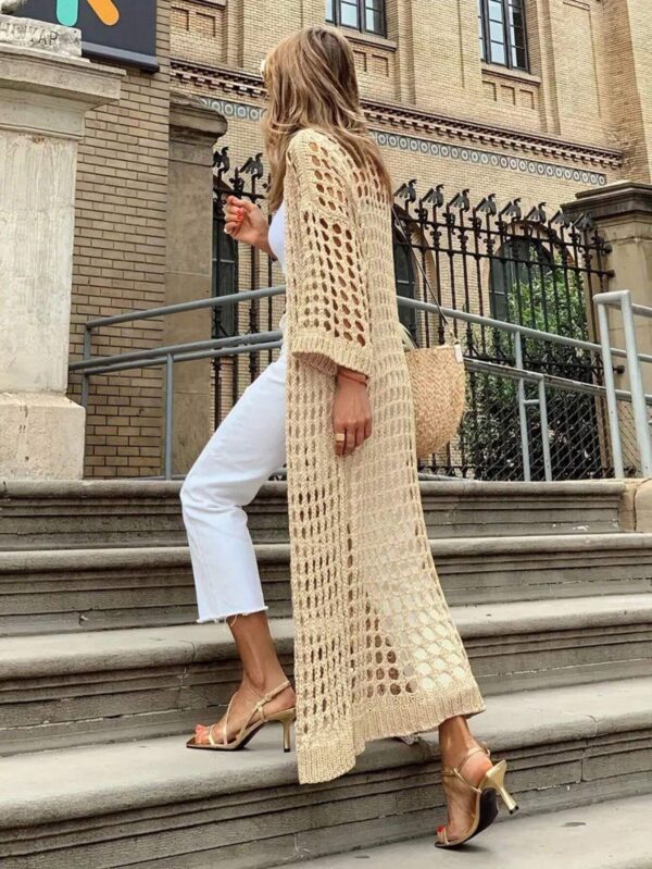 Apricot colored hollowed out elongated beach fairy versatile cardigan knitted sweater - Image 6