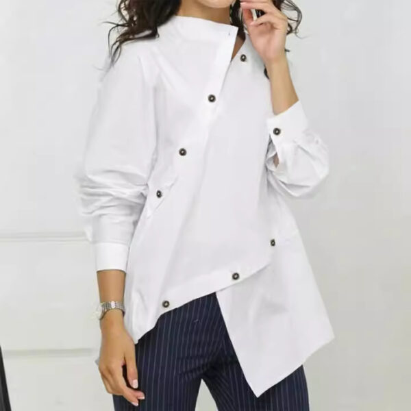 European and American women's fashion personalized button asymmetrical women's shirt long sleeved casual sloping collar top