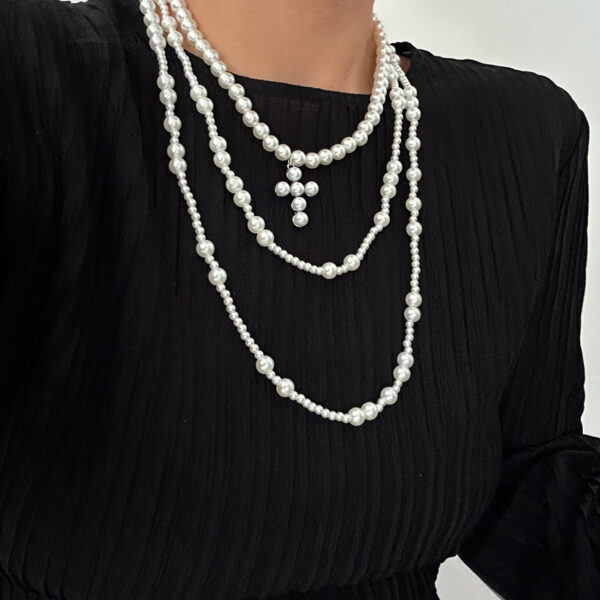 Cold wind imitation pearl tassel multi-layer necklace geometric cross pendant collarbone chain - Image 3