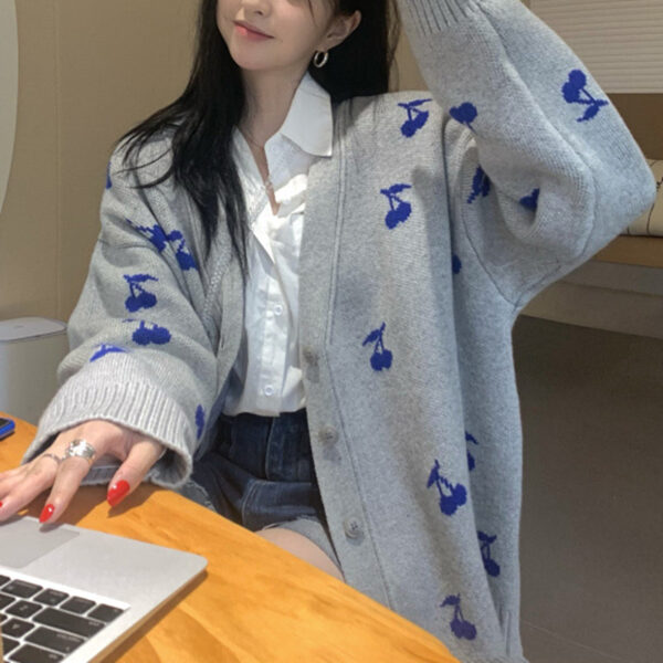 Lazy style knitted cardigan Korean version cherry V-neck loose and versatile long sleeved sweater jacket for women - Image 4