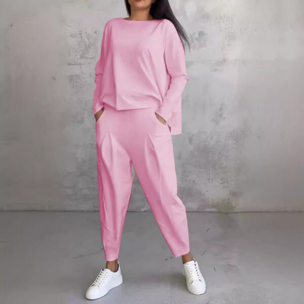 European and American solid color casual small footed round neck long sleeved set - Image 3
