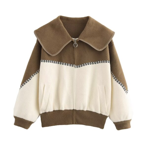 Color blocking collar zipper knitted double-sided cardigan design loose sweater jacket for women - Image 3