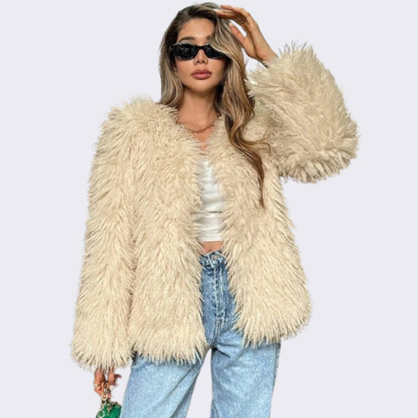 Personalized street elegant faux fur warm jacket with round neck and long sleeves