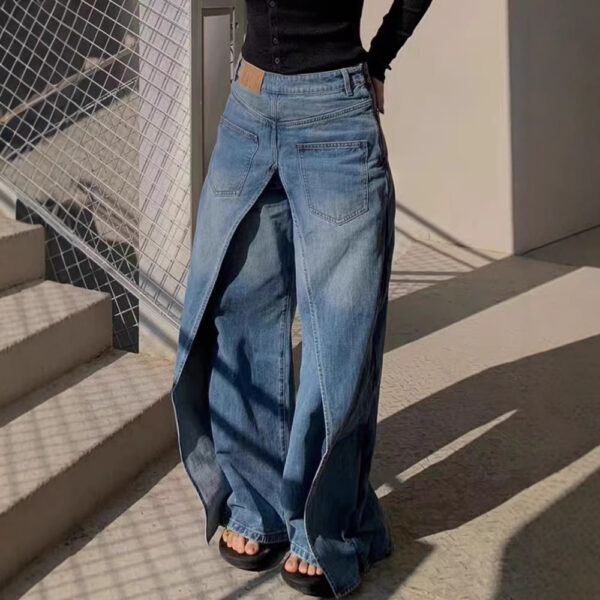American retro reversible jeans with women's design sense elongated casual wide leg pants - Image 3
