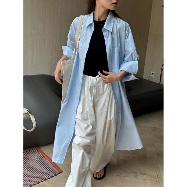 New Korean commuter oversized silhouette blue shirt casual slimming mid length top for women - Image 4