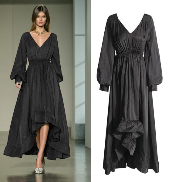 Fashionable and elegant style, deep V-neck lantern sleeves, pleated lotus leaf edge length dress for women