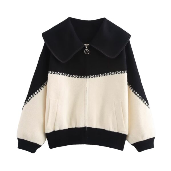 Color blocking collar zipper knitted double-sided cardigan design loose sweater jacket for women - Image 2