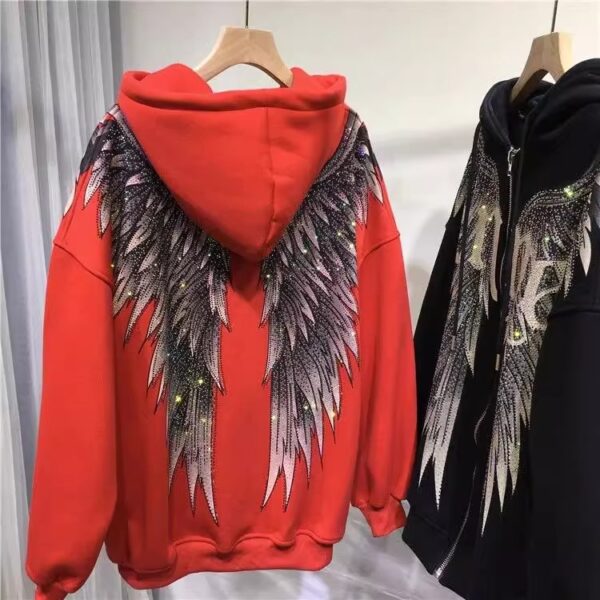 Heavy industry hot stamping light luxury front and rear wings hooded long sleeved and velvet jacket hoodie for women - Image 3