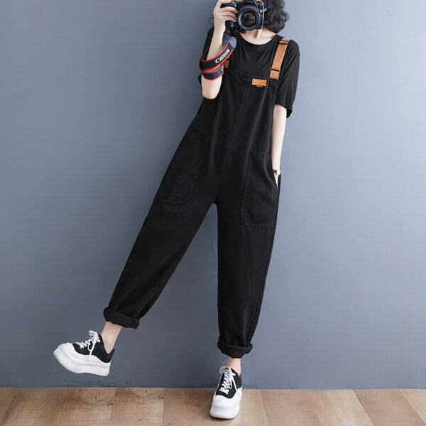 Spring loose large size denim overalls women's fashion simple casual loose suspender denim jumpsuit - Image 3