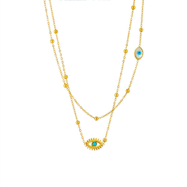 European and American niche fashion design double-layer mixed chain gold bead titanium steel drip oil hollow blue eye pendant necklace - Image 5