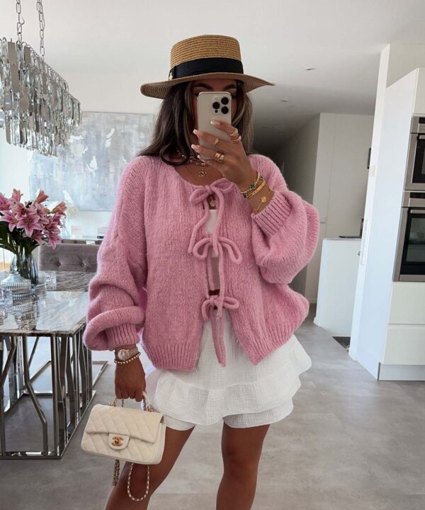 Round neck tie knitted cardigan jacket autumn and winter new style solid color commuting simple sweater for women - Image 6